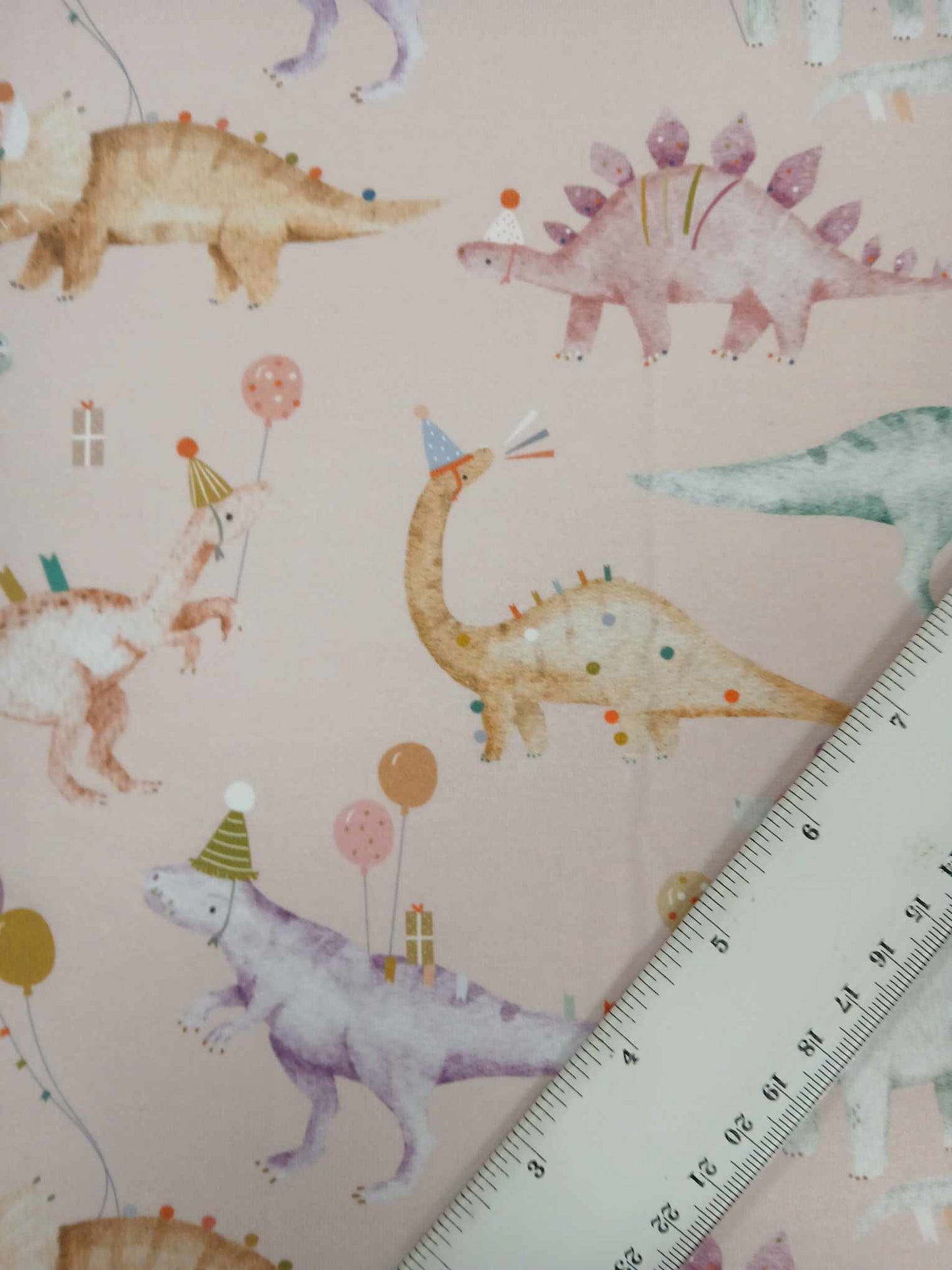 Clearance - 95% Cotton 5% Lycra Jersey - Dinosaurs - Pink/Purple/Green/White - 62" Wide - Sold As A 4.5 Metre Piece