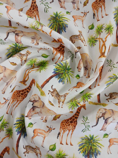 100% Cotton - Animals - White/Brown/Green - 58" Wide - Sold By the Metre