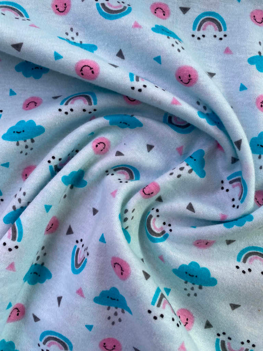 CLEARANCE - Pastel Rainbow & Rainclouds Cotton Jersey Fabric – Light Blue – 58" (147cm) Wide