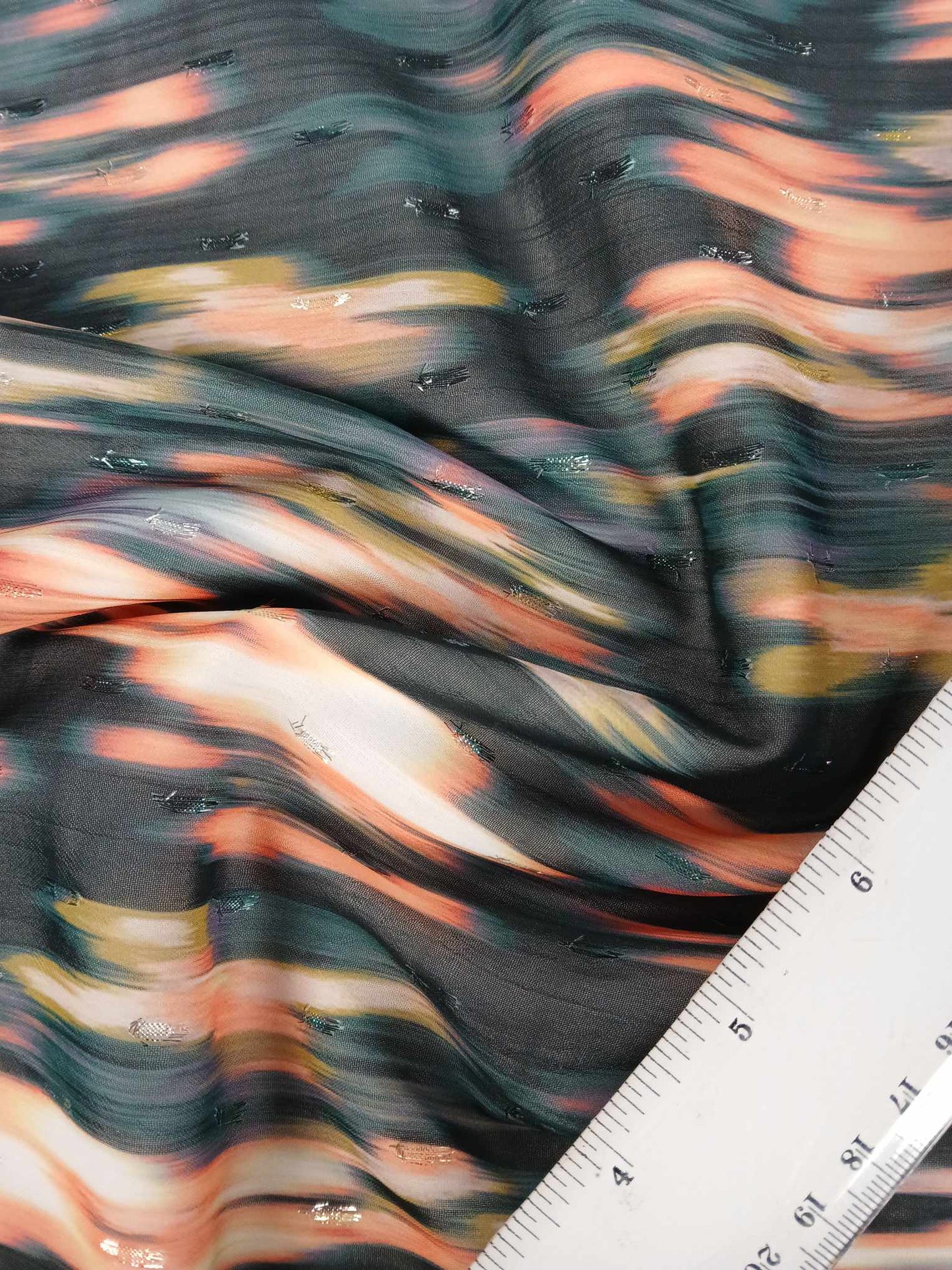 Printed Chiffon Lurex - Black/Orange/Yellow/Green - 60" Wide - Sold By the Metre