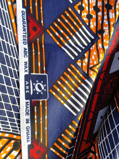 African Wax Cotton - Blue/Red/Orange - 44" Wide - Sold As A 5 Metre Piece