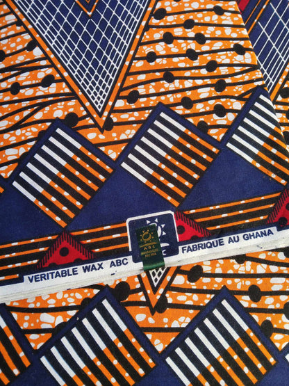 African Wax Cotton - Blue/Red/Orange - 44" Wide - Sold As A 5 Metre Piece