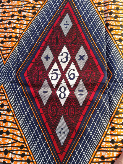 African Wax Cotton - Blue/Red/Orange - 44" Wide - Sold As A 5 Metre Piece