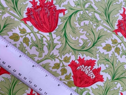William Morris Inspired Floral 100% Cotton Fabric - Pink Tulip & Sage Acanthus Trail - 44/45" Wide By The Metre