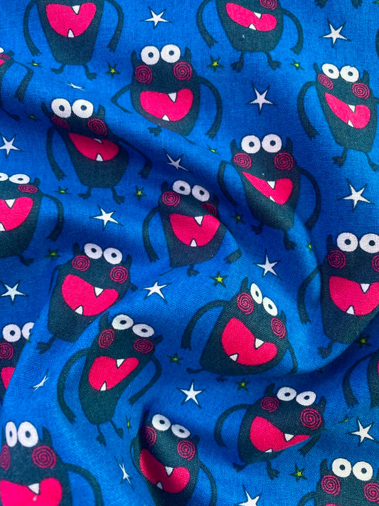 CLEARANCE - Cute Little Monster Print Fabric – Blue, Black & Bright Pink 100% Cotton (44" Wide)
