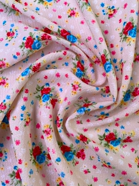 Ditsy Floral Bubble Crepe Fabric - 61" Wide - Cream, Red, Blue & Yellow Textured Dressmaking Material No Stretch - £2.25/m