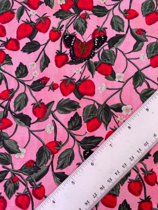 Pink Strawberry & Butterfly 100% Cotton Fabric - Cottagecore - 44" Wide By The Metre