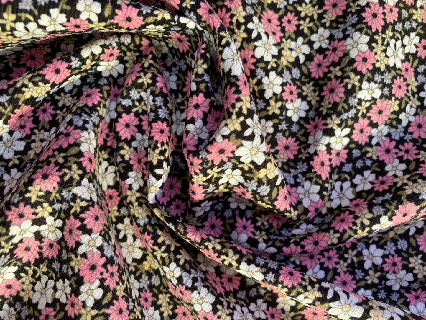 Printed Needlecord 100% Cotton - Pink/Grey/White/Yellow - 44"Wide - Sold By The Metre