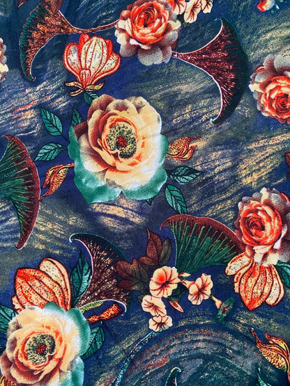 Viscose - Navy/Green/Yellow/Orange - 57" Wide - Sold By The Metre