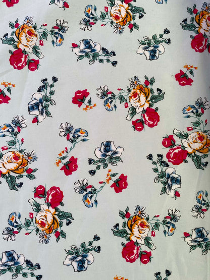 Floral Cotton Sateen Fabric - Mint/Pink/Green/Mustard - 58" Wide - Luxury Dressmaking Material - £3.99/m