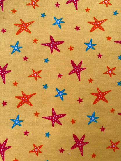Sunny Yellow Starfish 100% Cotton Fabric - Tropical Ocean Beach - 44" Wide By The Metre
