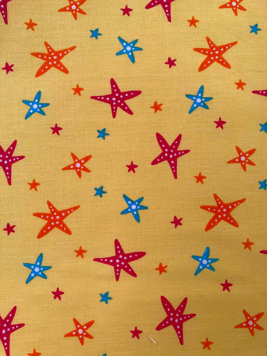Sunny Yellow Starfish 100% Cotton Fabric - Tropical Ocean Beach - 44" Wide By The Metre