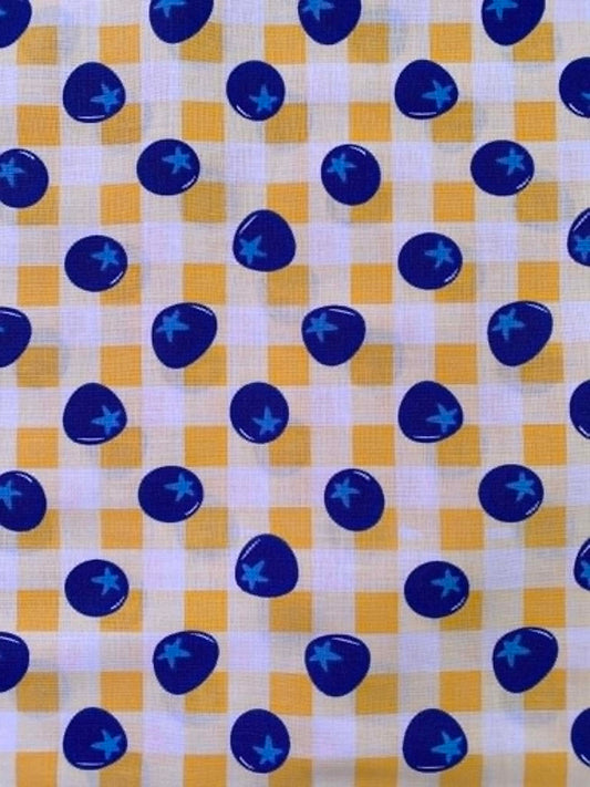 Yellow Gingham & Blueberry 100% Cotton Fabric - Summer Fruit - 44" Wide By The Metre