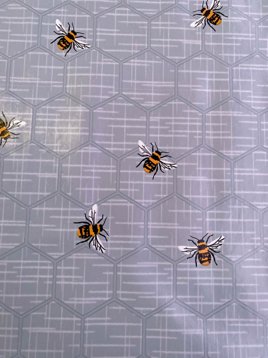 Grey & Orange Bee Print PU Table Covering - 55" Wide - Nature Inspired - Wipe Clean - £1.99/m
