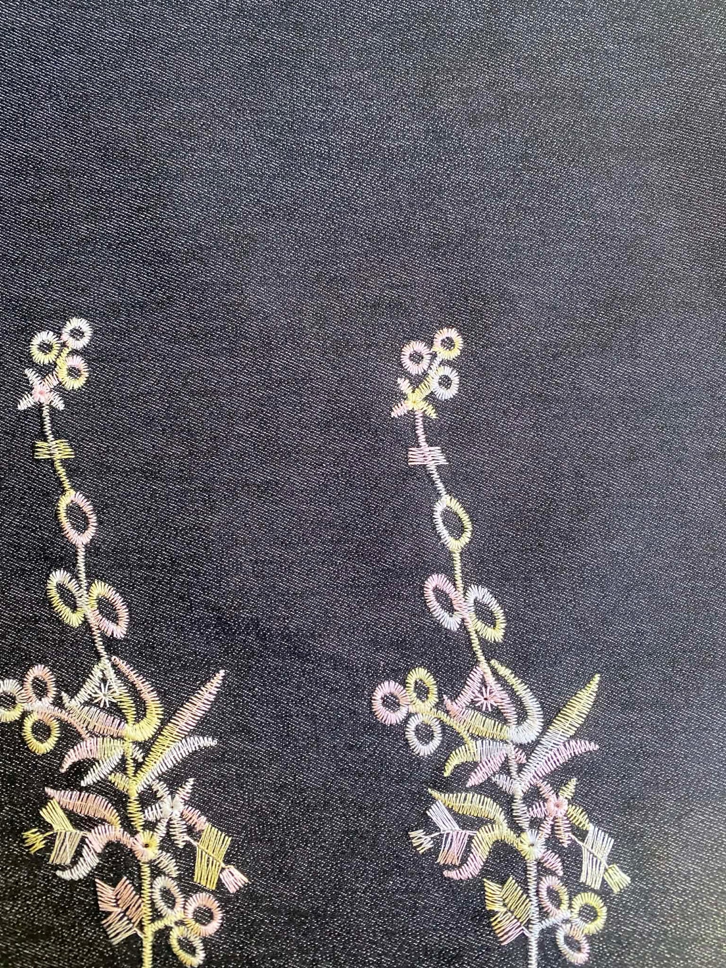 Multi-Colour Floral Embroidered Stretch Denim - 59" Wide - Double Bordered - £3.99/m