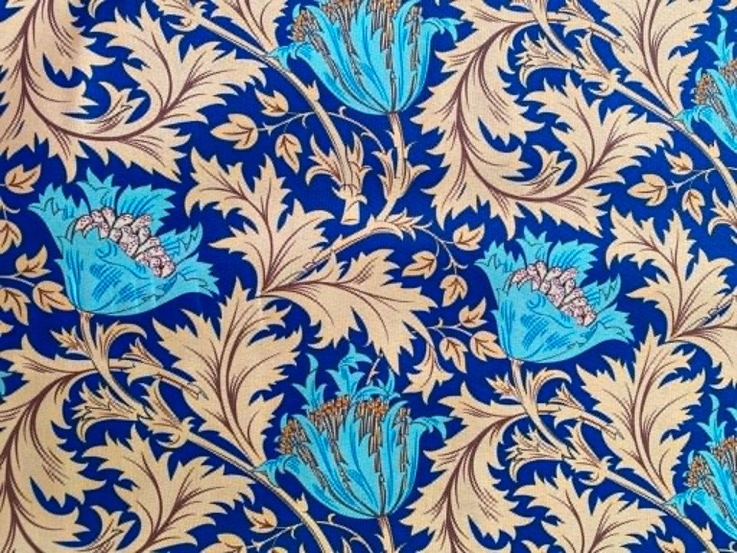 William Morris Inspired Floral 100% Cotton Fabric - Turquoise & Beige Royal Blue Trail - 44/45" Wide By The Metre
