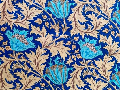 William Morris Inspired Floral 100% Cotton Fabric - Turquoise & Beige Royal Blue Trail - 44/45" Wide By The Metre
