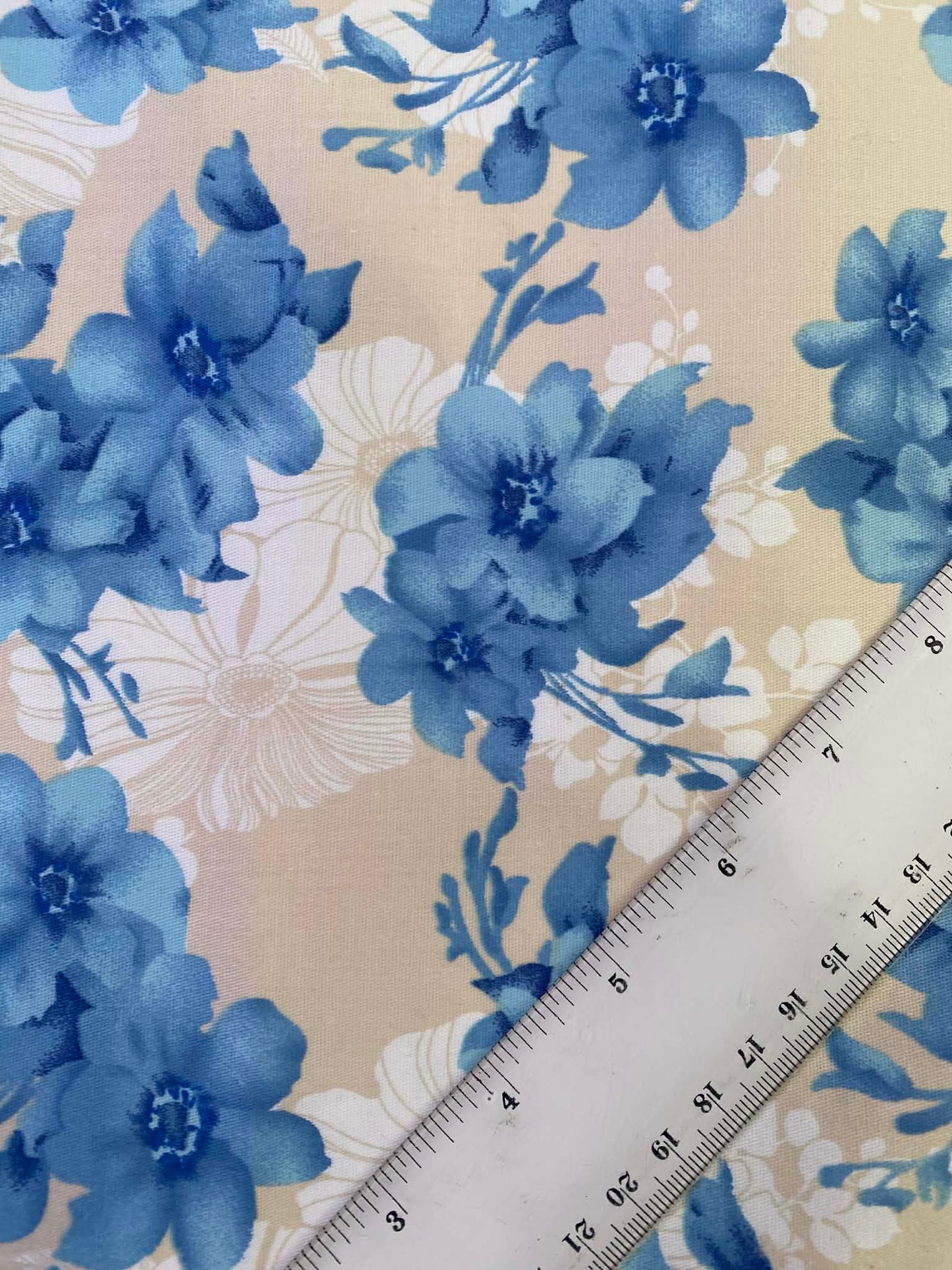 Floral Cotton Sateen Fabric - Blue/Putty/White - 58" Wide - Luxury Dressmaking Material - £3.99/m