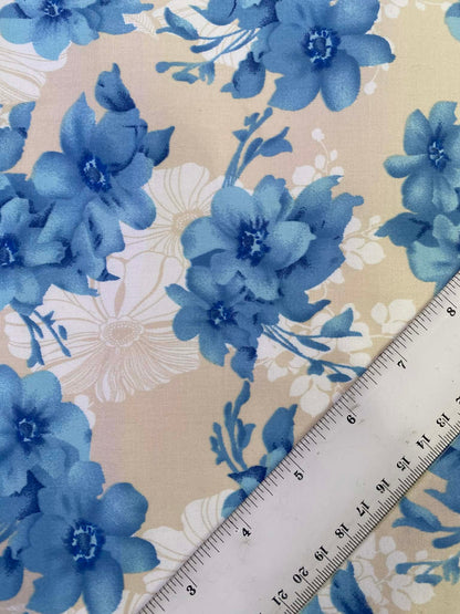 Floral Cotton Sateen Fabric - Blue/Putty/White - 58" Wide - Luxury Dressmaking Material - £3.99/m