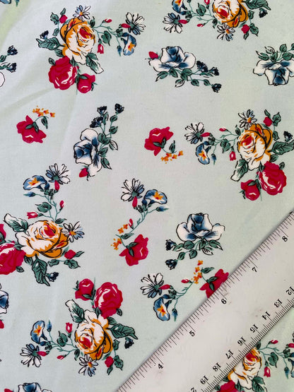 Floral Cotton Sateen Fabric - Mint/Pink/Green/Mustard - 58" Wide - Luxury Dressmaking Material - £3.99/m