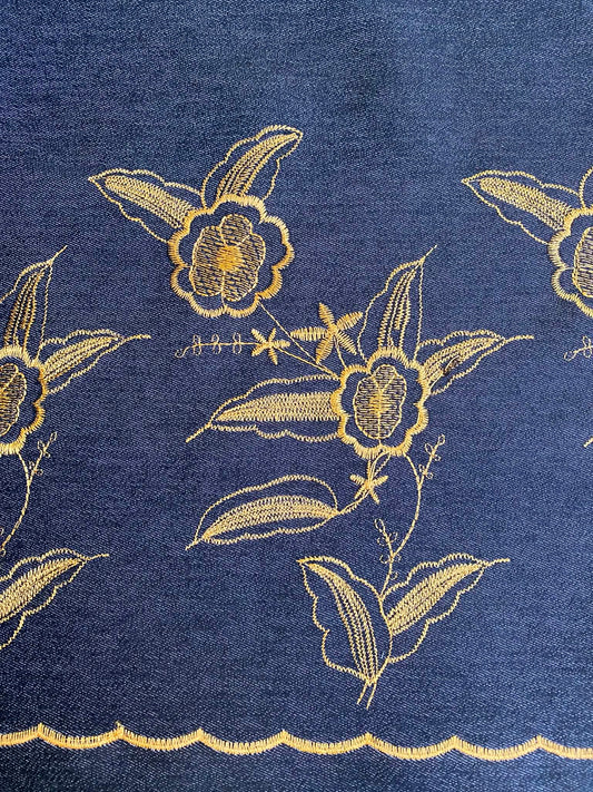 Embroidered Double Bordered Stretch Denim - 59" Wide - Black & Gold Floral - £3.99/m