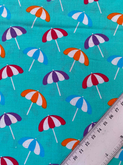 Teal Mint Retro Summer Parasol 100% Cotton Fabric - Beach Umbrella Novelty - 44" Wide By The Metre
