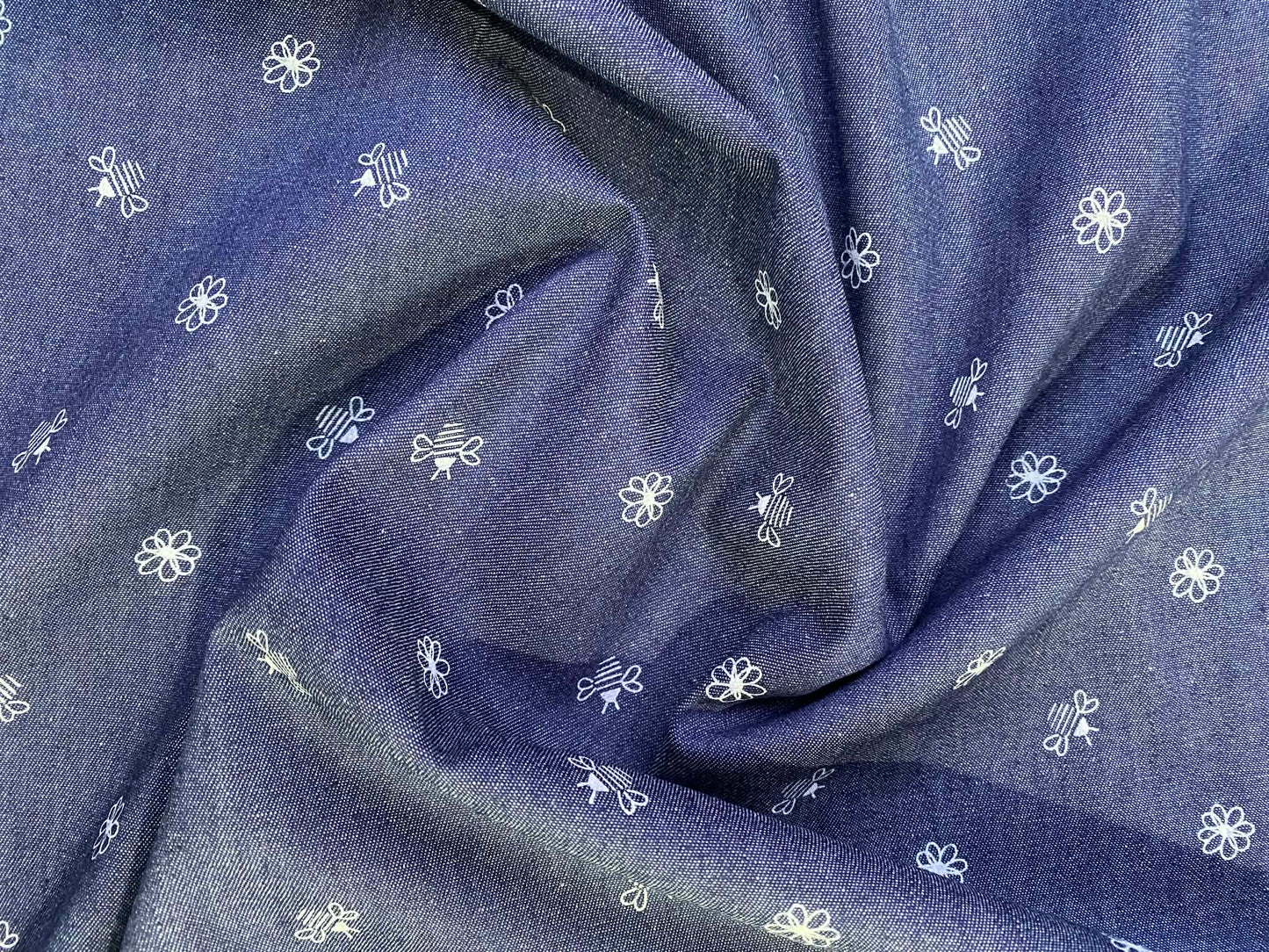 100% Cotton Denim/Chambray - Blue/White - Bees - 58"Wide - Sold By The Metre