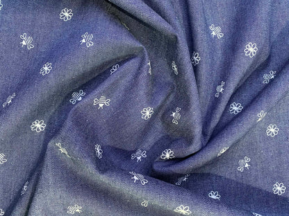 100% Cotton Denim/Chambray - Blue/White - Bees - 58"Wide - Sold By The Metre