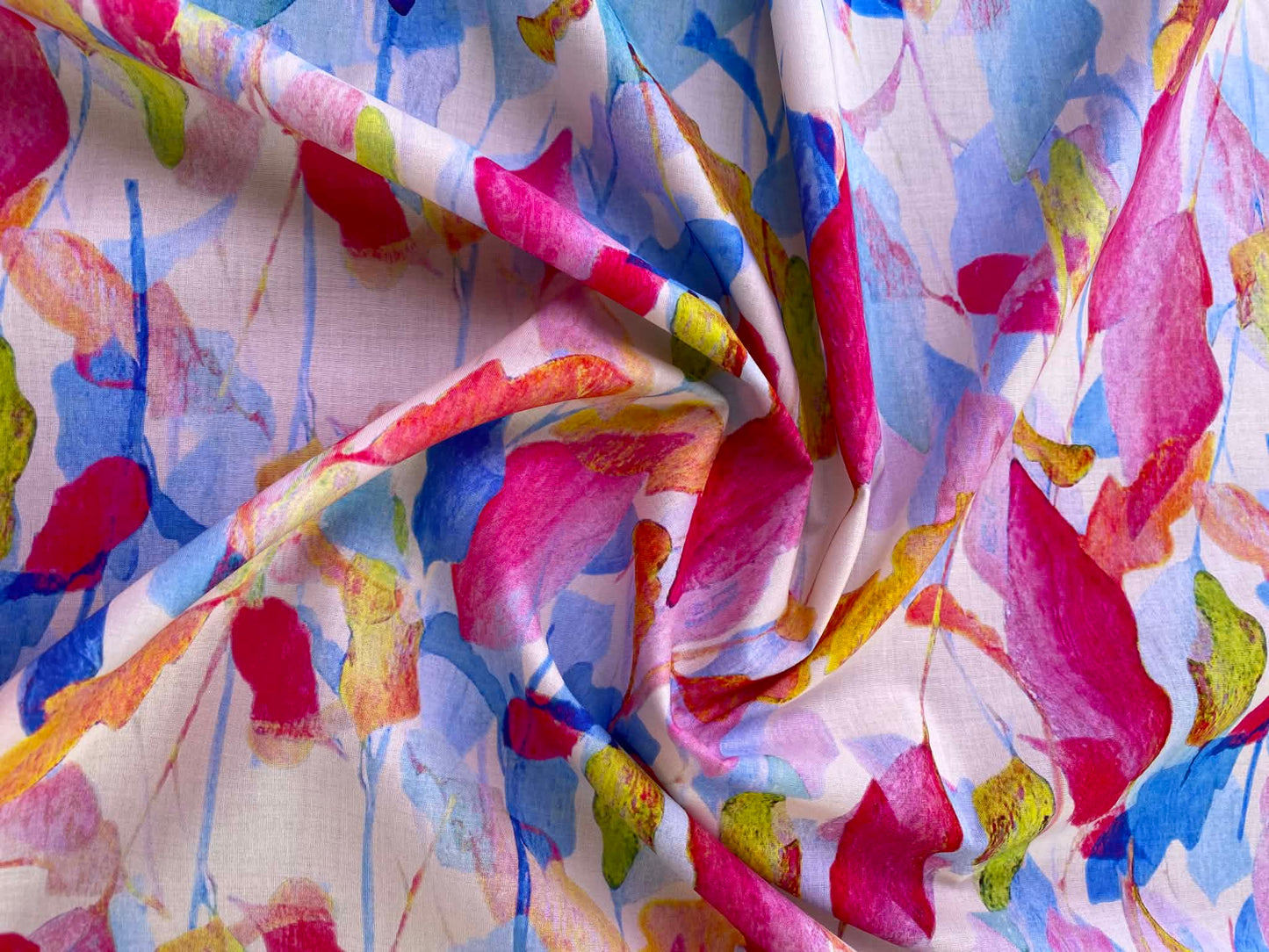 Fuchsia Pink & Blue Watercolor Botanical Leaf 100% Cotton Lawn Fabric - Premium Dressmaking Fabric - Extra Wide 57" By The Metre