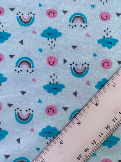 CLEARANCE - Pastel Rainbow & Rainclouds Cotton Jersey Fabric – Light Blue – 58" (147cm) Wide