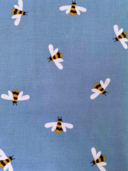 Slate Blue Illustrated Bumblebee 100% Cotton Fabric - 44" Wide By The Metre