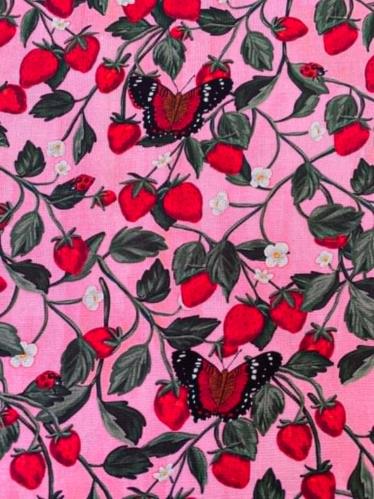 Pink Strawberry & Butterfly 100% Cotton Fabric - Cottagecore - 44" Wide By The Metre