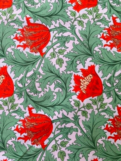William Morris Inspired Floral 100% Cotton Fabric - Orange & Green Tulip Trail - 44/45" Wide By The Metre