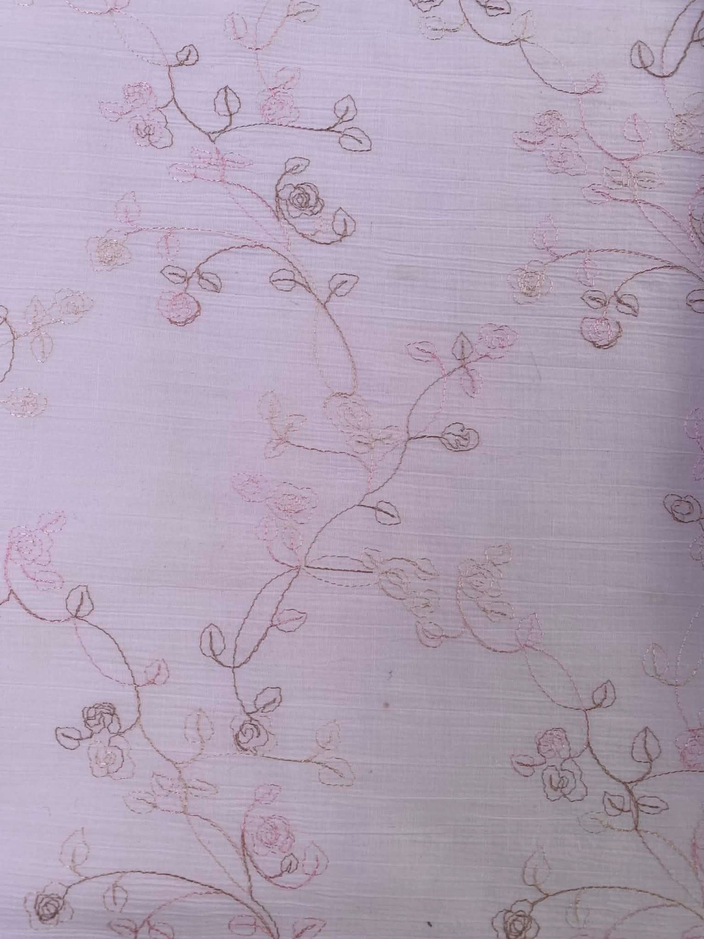 Luxury Embroidered Polycotton - 53" Wide - White/Brown/Soft Pink Rose Vine - Lilac-Pink Slub Texture