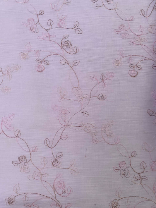 Luxury Embroidered Polycotton - 53" Wide - White/Brown/Soft Pink Rose Vine - Lilac-Pink Slub Texture