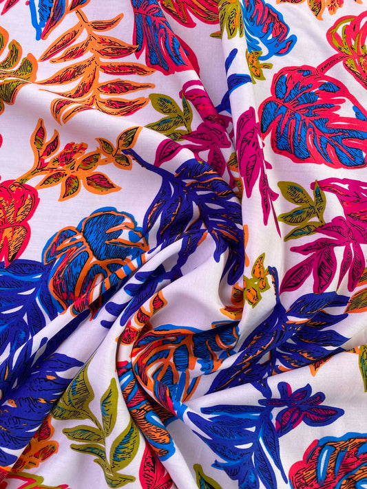 Tropical Palm Leaf Print 100% Viscose Fabric - Vibrant Pink & Blue Botanical Dress Fabric - Extra Wide 57" By The Metre