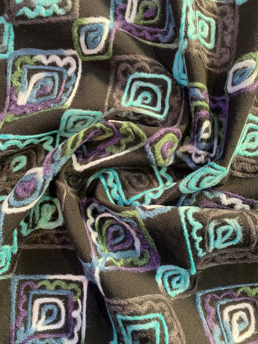 Embroidered Washable Wool - Black/Grey/Purple/Turquoise - 59"Wide - Sold By The Metre
