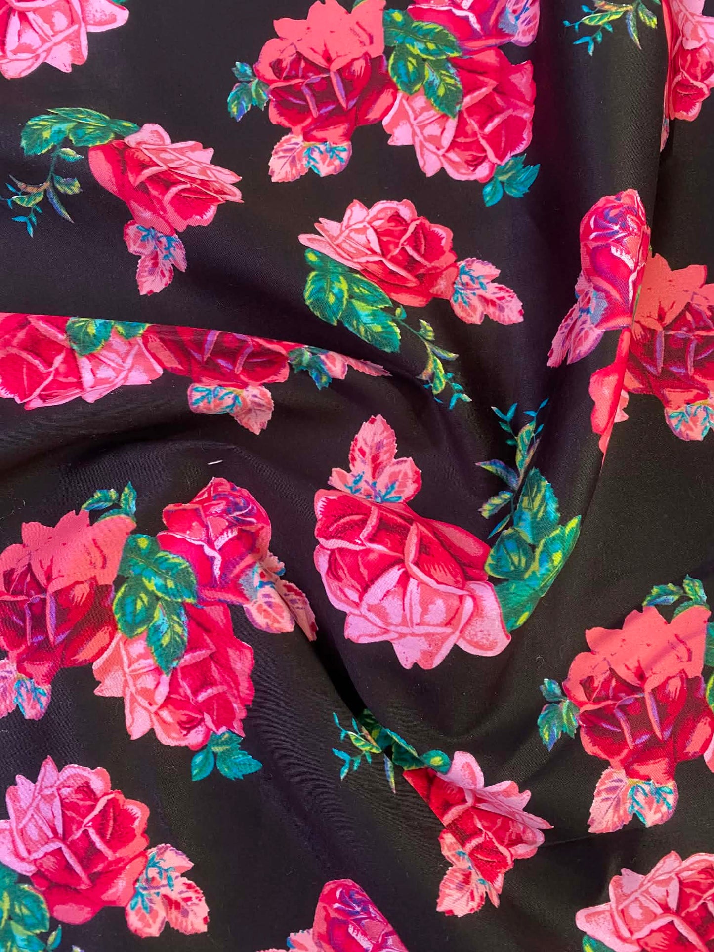 Floral Cotton Sateen Fabric - Black/Pink/Green - 58" Wide - Luxury Dressmaking Material - £3.99/m