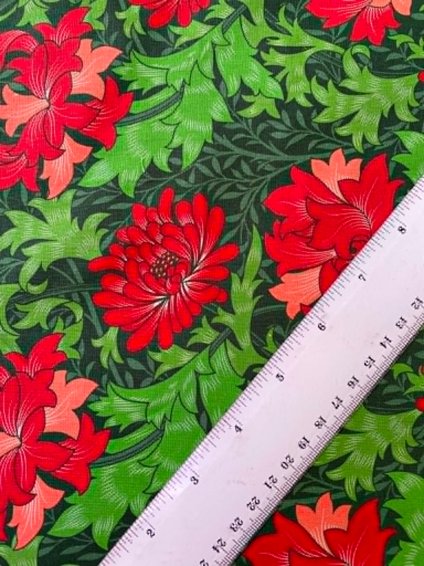 William Morris Inspired Chrysanthemum Floral 100% Cotton Fabric - Red & Forest Green Botanical - 44/45" Wide By The Metre