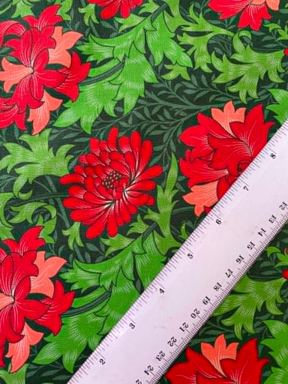 William Morris Inspired Chrysanthemum Floral 100% Cotton Fabric - Red & Forest Green Botanical - 44/45" Wide By The Metre
