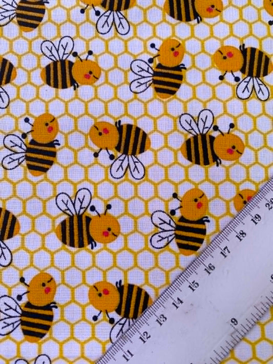 Yellow Honeycomb & Bumblebee 100% Cotton Fabric - 44" Wide By The Metre