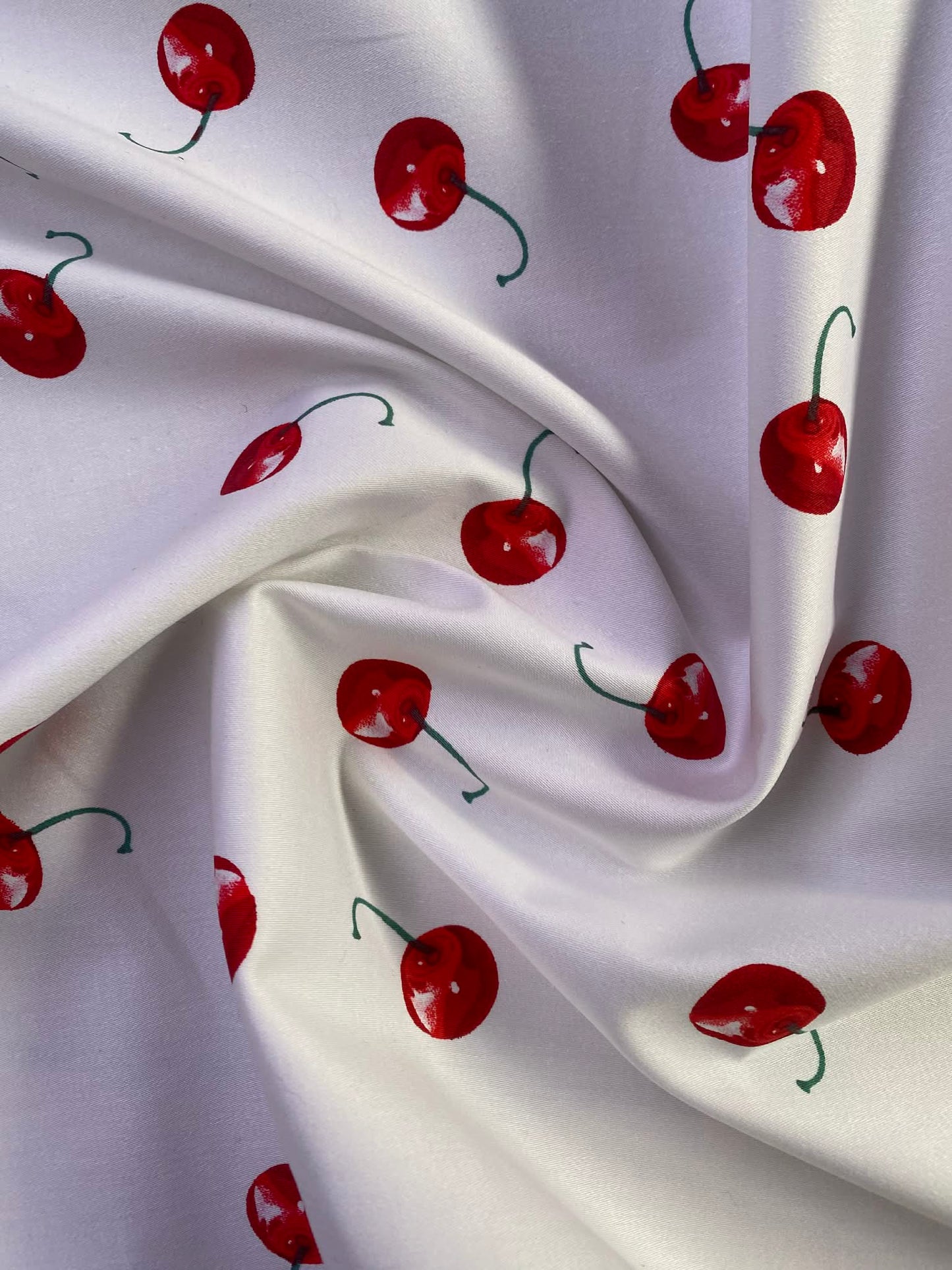 Cotton Spandex - Cherries - White/Red/Green - 58"Wide - Sold By The Metre