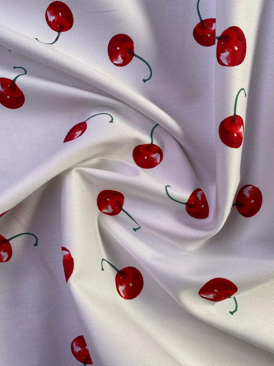 Cotton Spandex - Cherries - White/Red/Green - 58"Wide - Sold By The Metre
