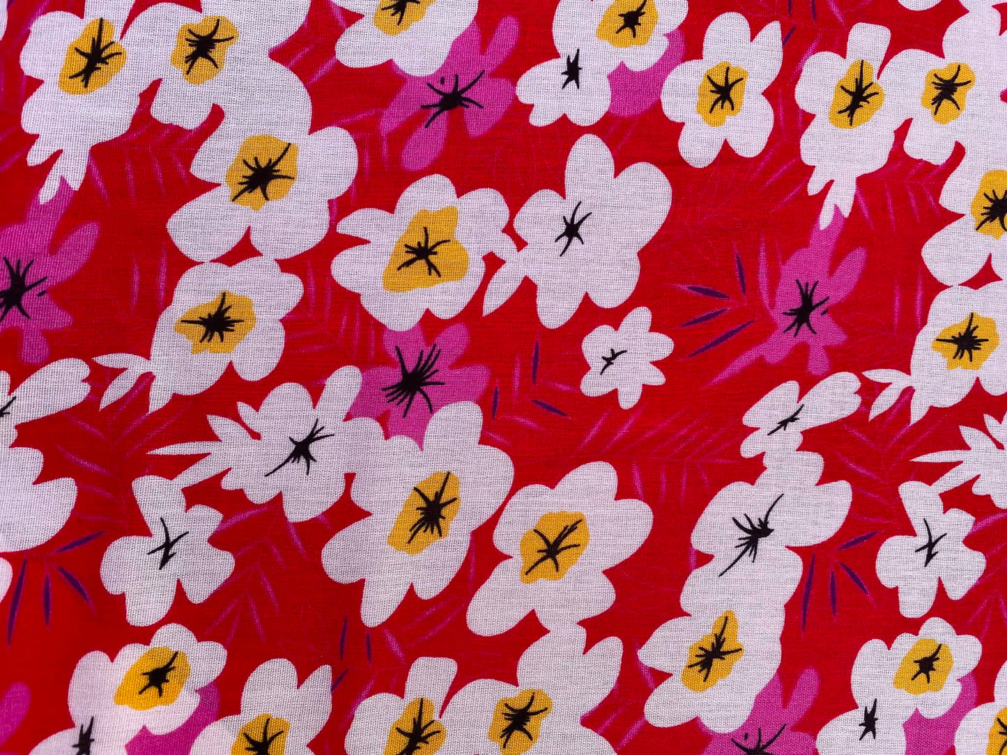 Retro 70s Floral Daisy 100% Viscose Fabric - Red Green & Orange Dressmaking Fabric - Extra Wide 57" By The Metre (Copy)