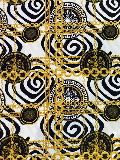Cotton Satin - White/Gold/Black - 56"Wide - Sold By The Metre