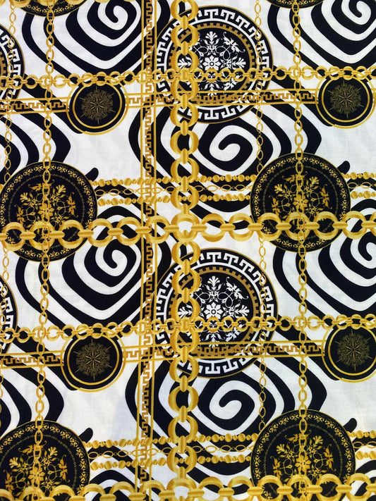 Cotton Satin - White/Gold/Black - 56"Wide - Sold By The Metre