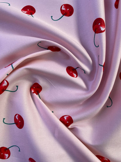 Cotton Spandex - Cherries - Pink/Red/Green - 58"Wide - Sold By The Metre