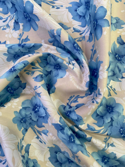 Floral Cotton Sateen Fabric - Blue/Putty/White - 58" Wide - Luxury Dressmaking Material - £3.99/m