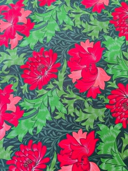 William Morris Inspired Chrysanthemum Floral 100% Cotton Fabric - Red & Forest Green Botanical - 44/45" Wide By The Metre
