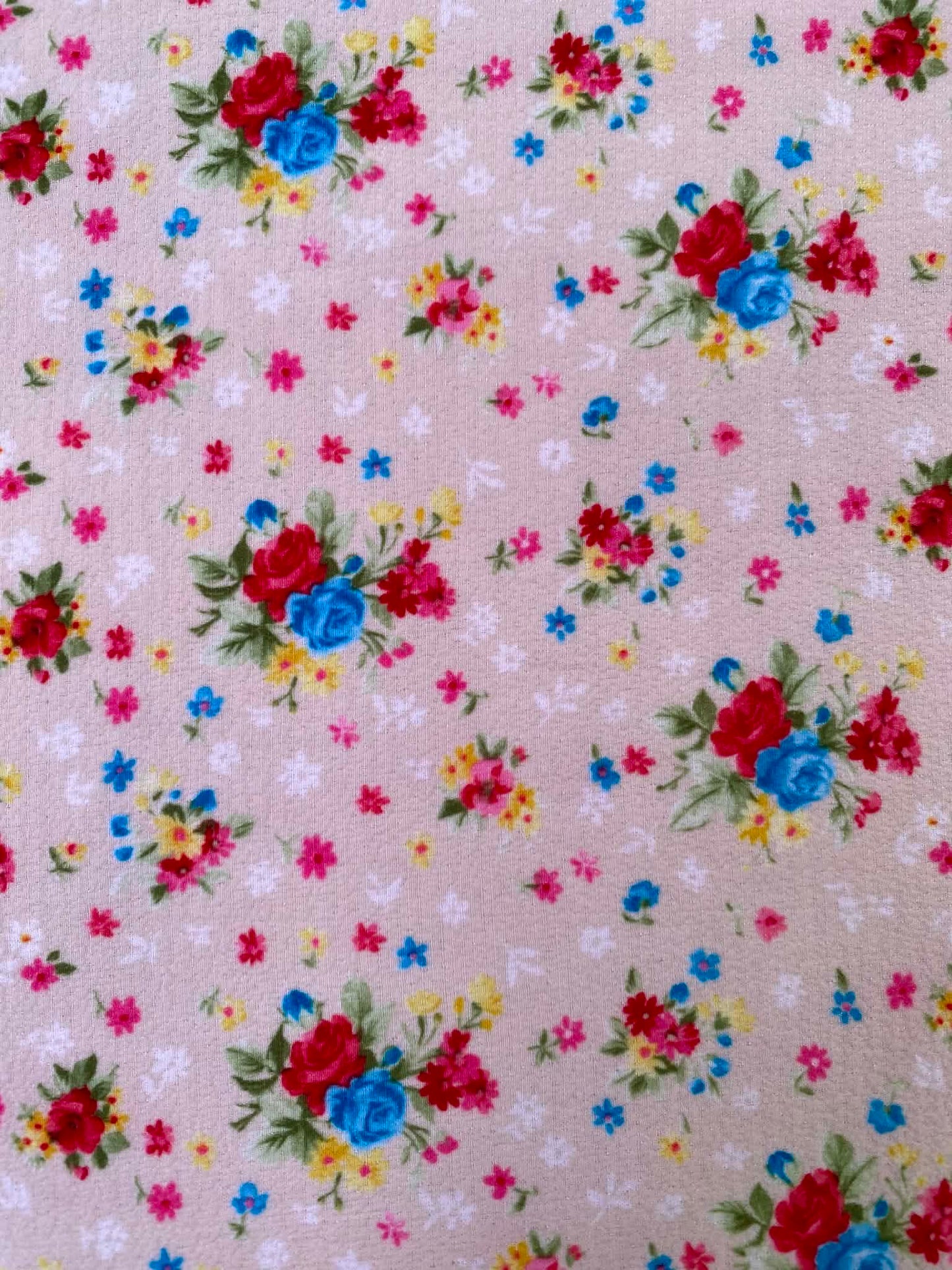 Ditsy Floral Bubble Crepe Fabric - 61" Wide - Cream, Red, Blue & Yellow Textured Dressmaking Material No Stretch - £2.25/m